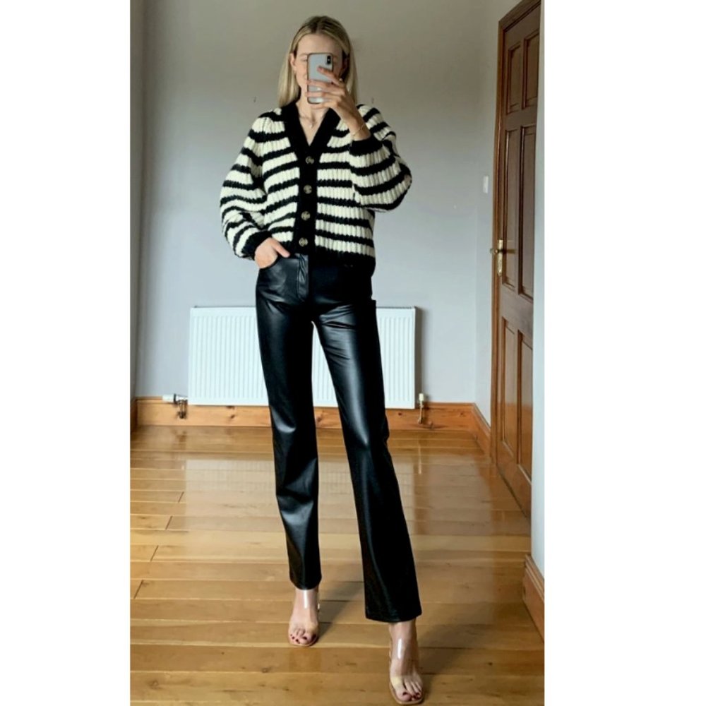ZARA NEW WOMAN FULL LENGTH FAUX LEATHER STRAIGHT LEG PANTS BLACK 4387/203 L-XL